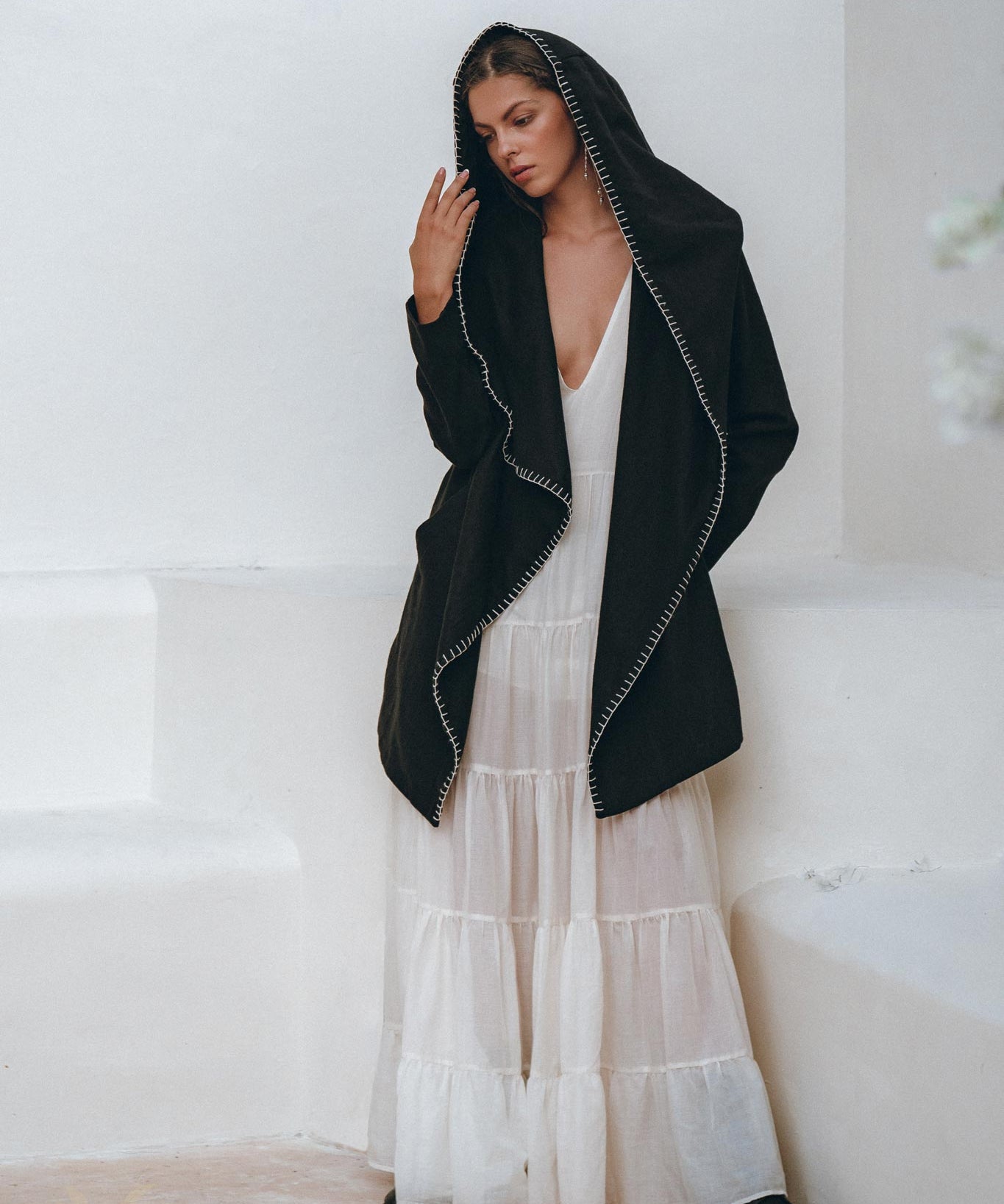 Boho Hoody Cardigan for Women, Black Boho Overcoat, Belted Wrap Cardigan - AYA Sacred Wear