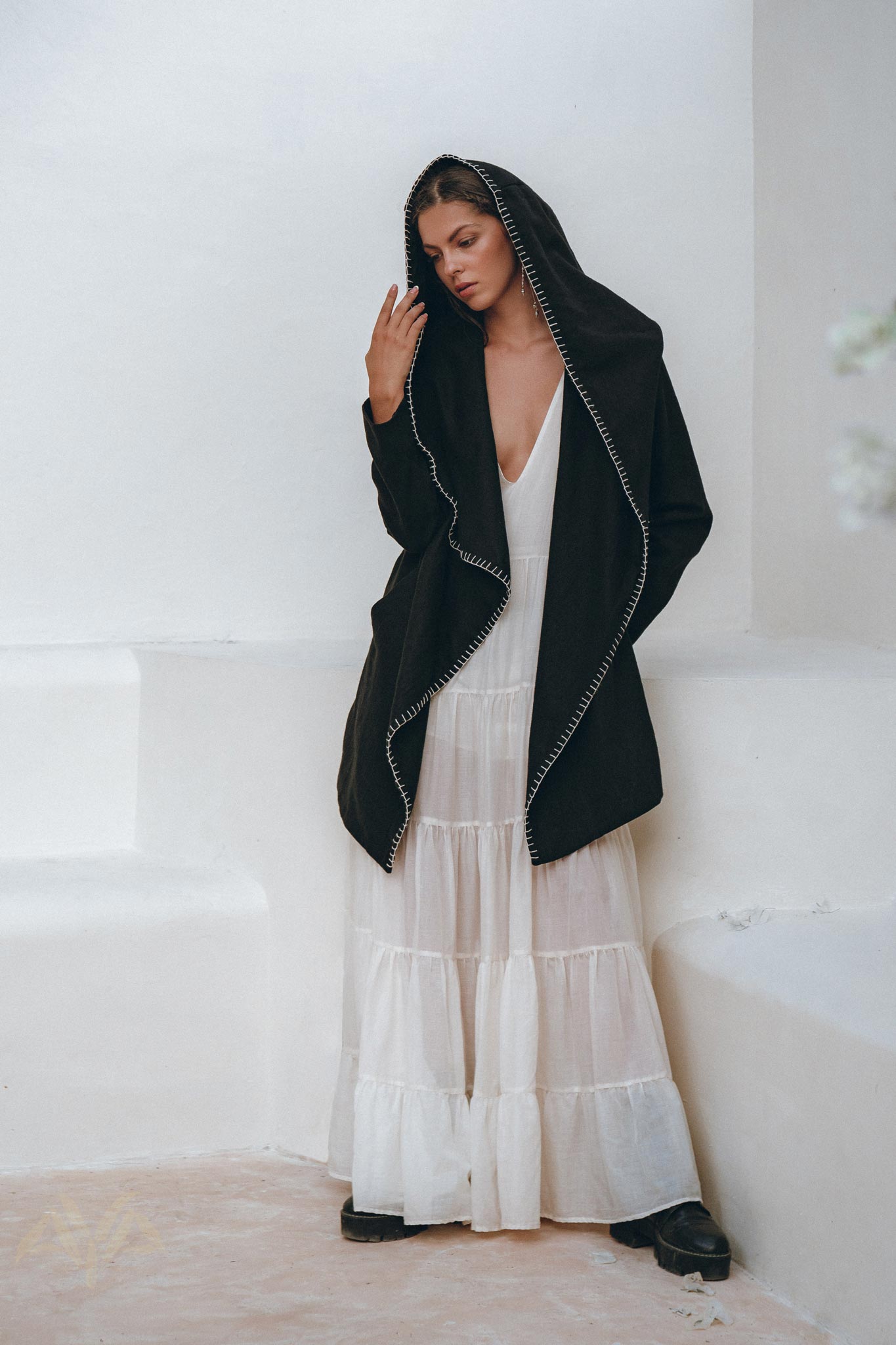 Boho Hoody Cardigan for Women, Black Boho Overcoat, Belted Wrap Cardigan - AYA Sacred Wear