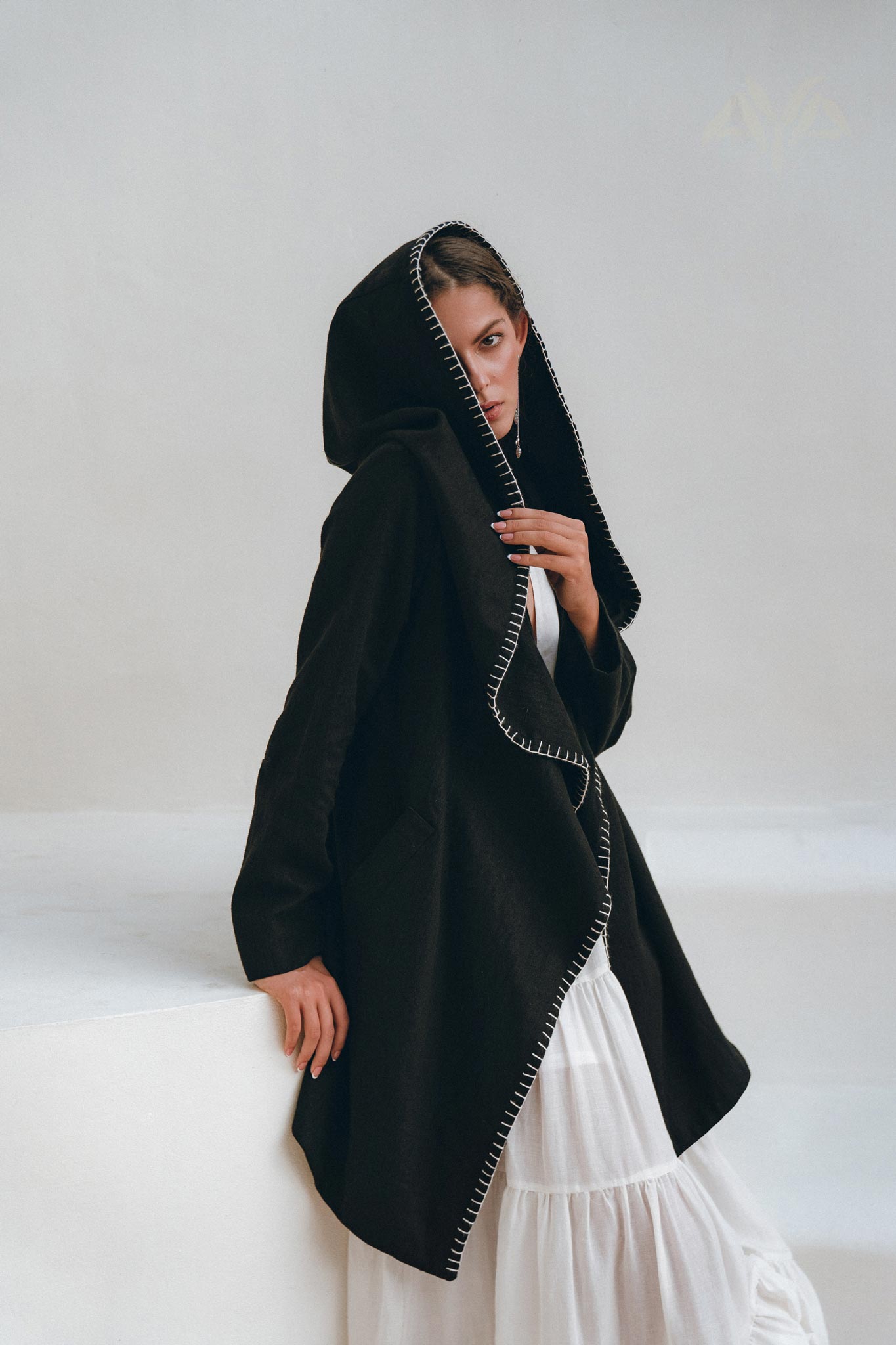 Boho Hoody Cardigan for Women, Black Boho Overcoat, Belted Wrap Cardigan - AYA Sacred Wear