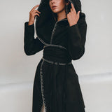 Boho Hoody Cardigan for Women, Black Boho Overcoat, Belted Wrap Cardigan - AYA Sacred Wear