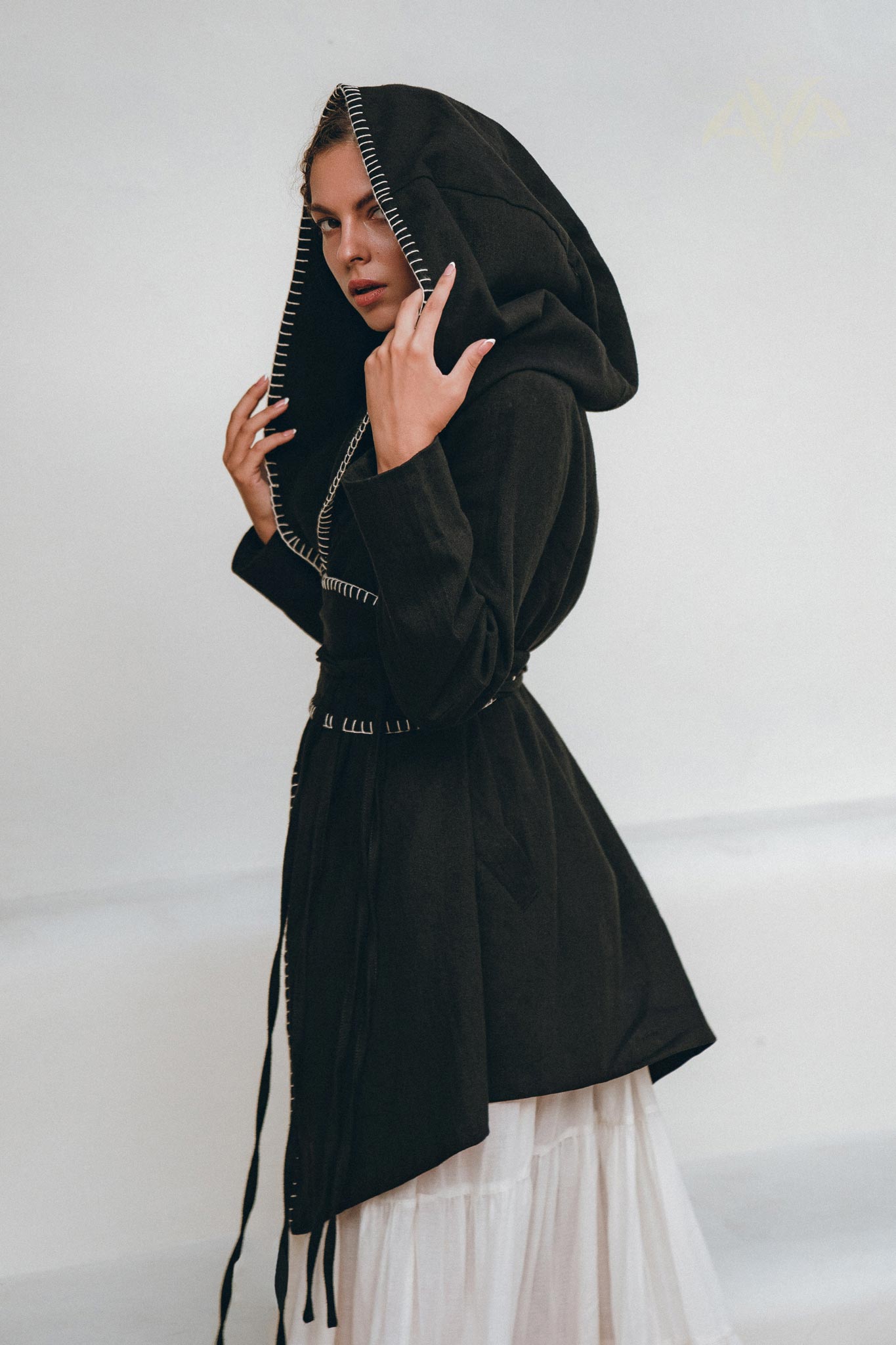 Boho Hoody Cardigan for Women, Black Boho Overcoat, Belted Wrap Cardigan - AYA Sacred Wear