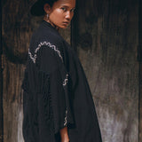 Black Organic Poncho, Tribal Cotton Robe, Hand Embroidered Overcoat - AYA Sacred Wear