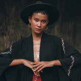 Black Organic Poncho, Tribal Cotton Robe, Hand Embroidered Overcoat - AYA Sacred Wear