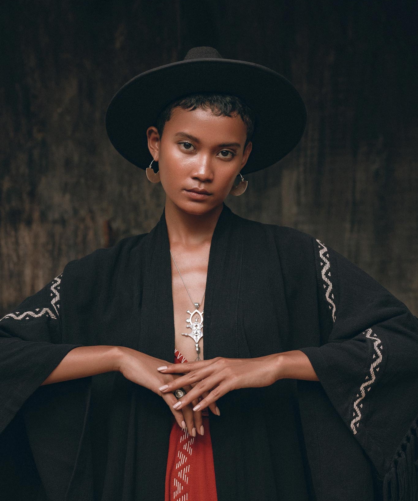 Black Organic Poncho, Tribal Cotton Robe, Hand Embroidered Overcoat - AYA Sacred Wear