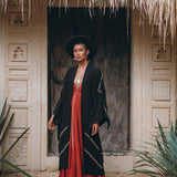 Black Organic Poncho, Tribal Cotton Robe, Hand Embroidered Overcoat - AYA Sacred Wear