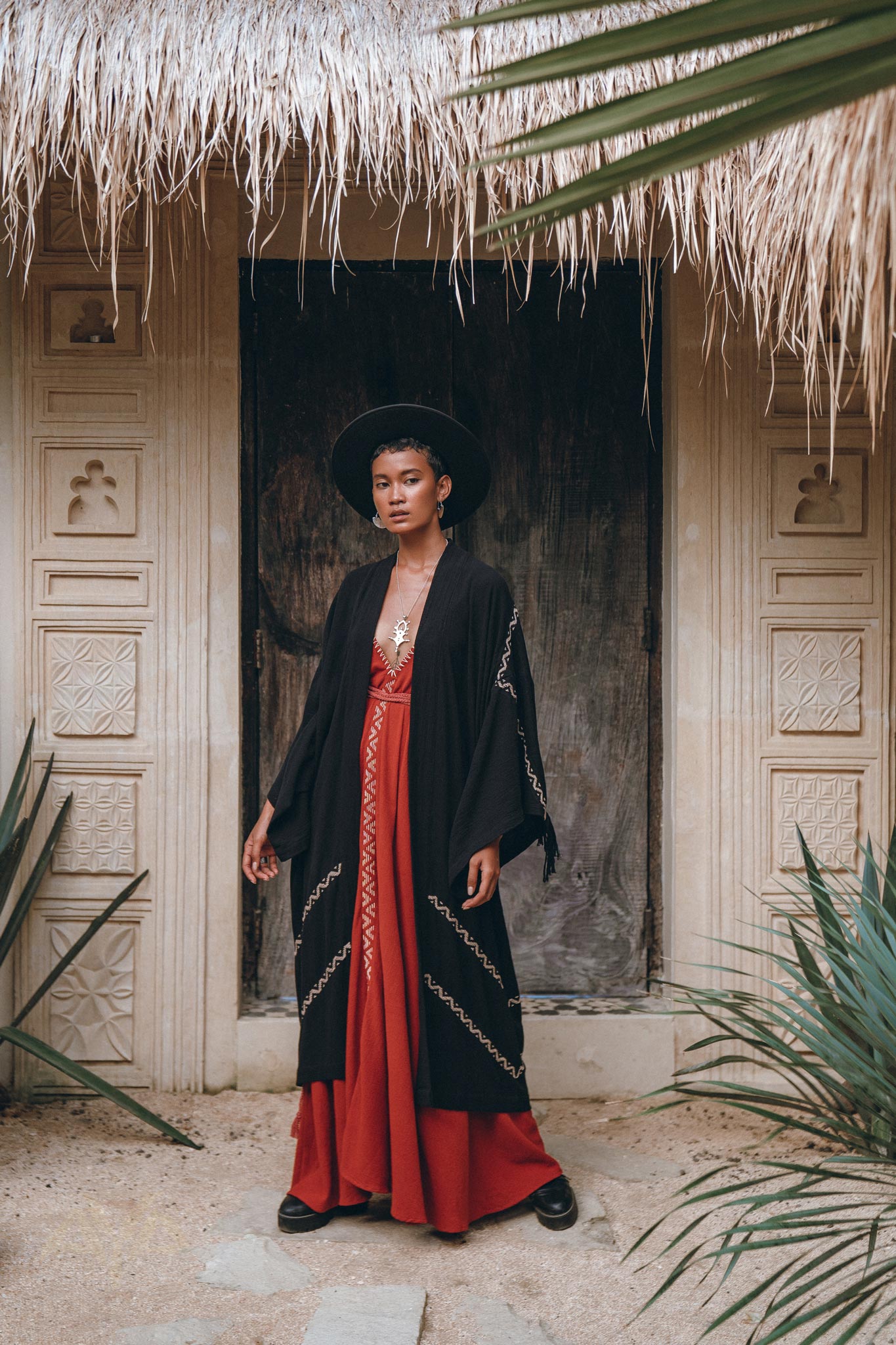 Black Organic Poncho, Tribal Cotton Robe, Hand Embroidered Overcoat - AYA Sacred Wear