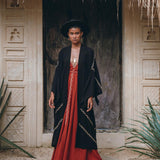 Black Organic Poncho, Tribal Cotton Robe, Hand Embroidered Overcoat - AYA Sacred Wear