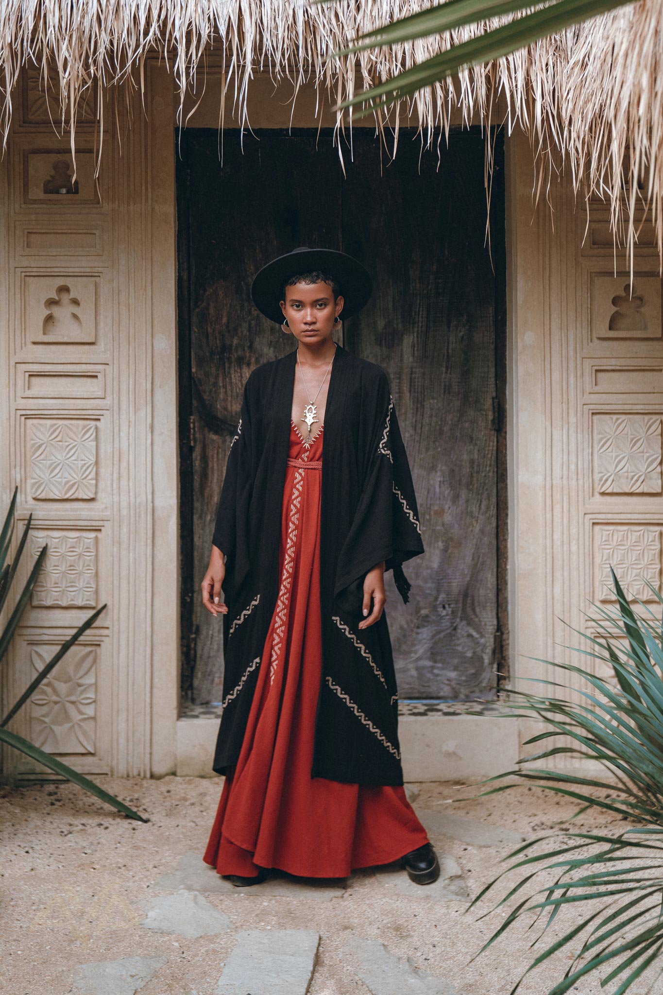 Black Organic Poncho, Tribal Cotton Robe, Hand Embroidered Overcoat - AYA Sacred Wear