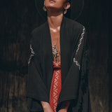 Black Organic Poncho, Tribal Cotton Robe, Hand Embroidered Overcoat - AYA Sacred Wear