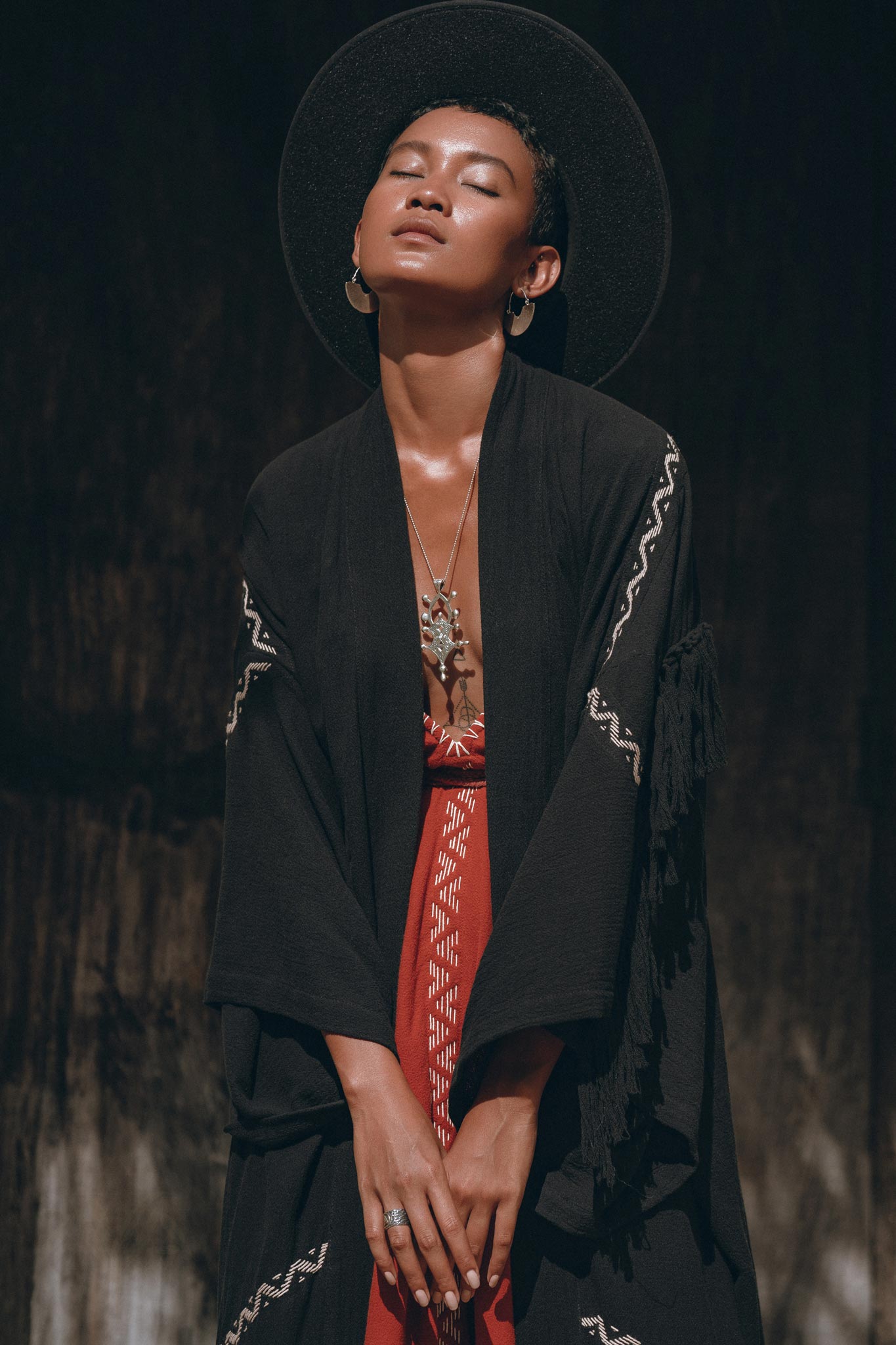 Black Organic Poncho, Tribal Cotton Robe, Hand Embroidered Overcoat - AYA Sacred Wear