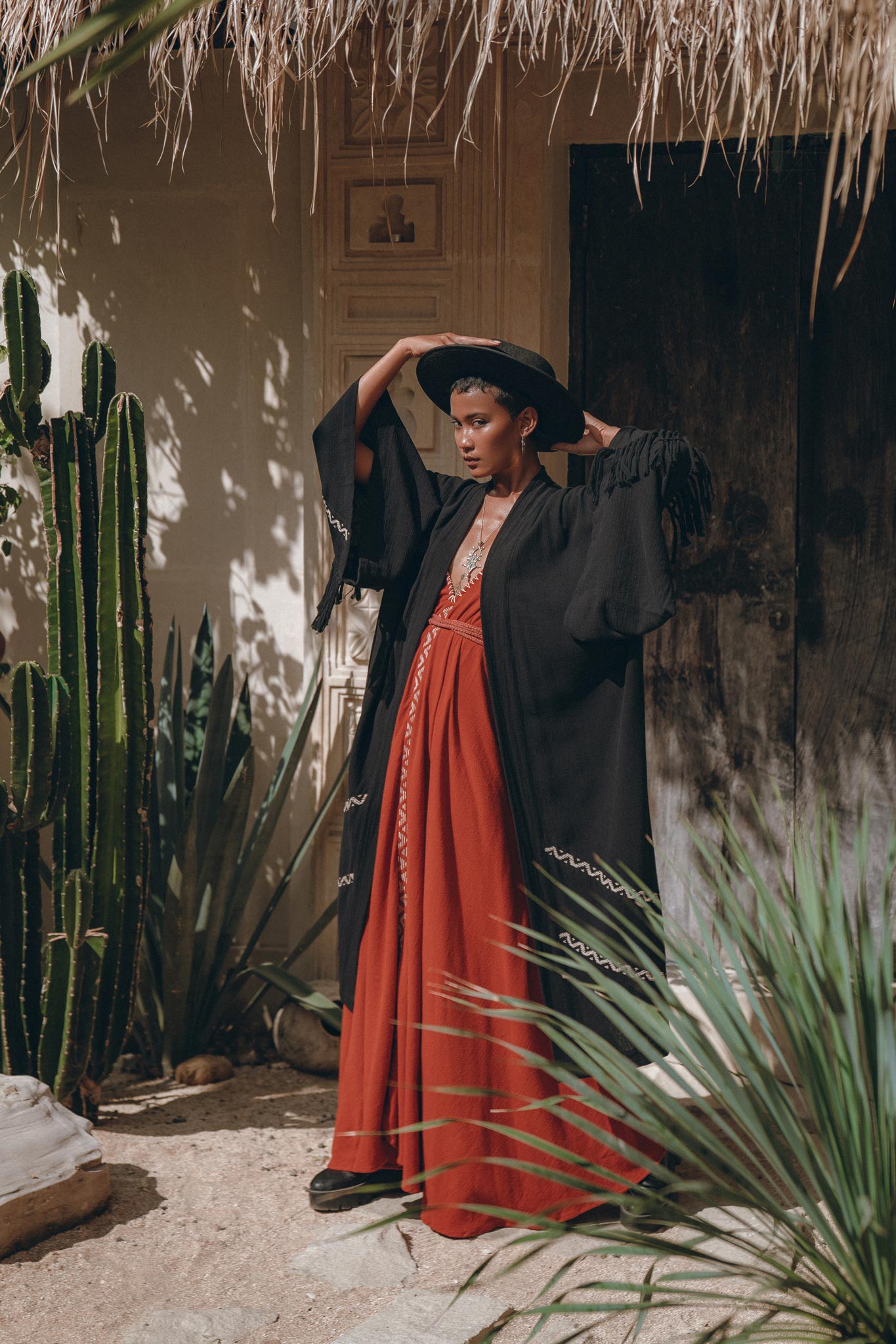 Black Organic Poncho, Tribal Cotton Robe, Hand Embroidered Overcoat - AYA Sacred Wear