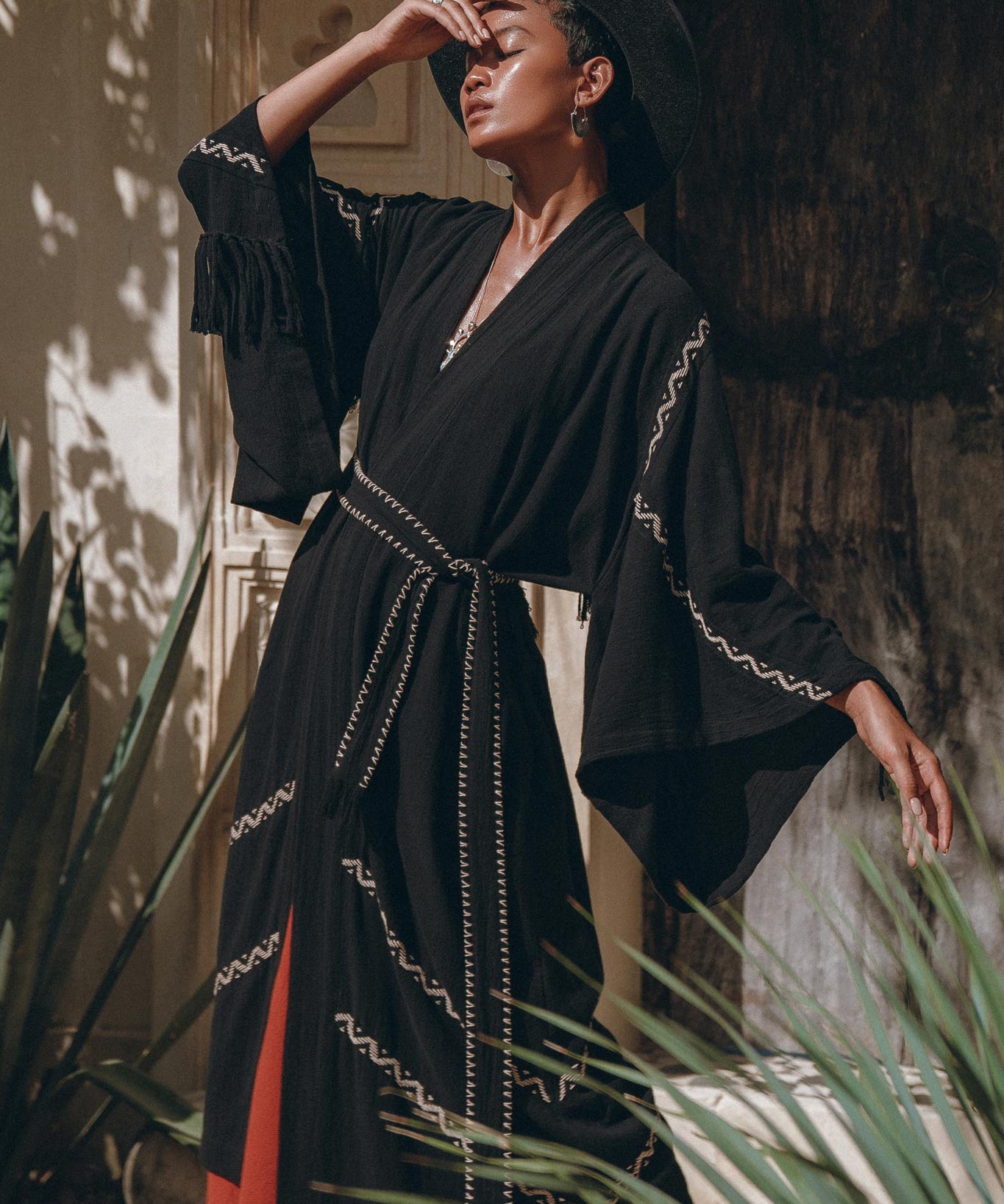 Black Organic Poncho, Tribal Cotton Robe, Hand Embroidered Overcoat - AYA Sacred Wear