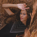 Exquisite Black Goddess Dress, Hand Embroidered with Intricate Details for an Elegant Look - Perfect for Any Occasion!