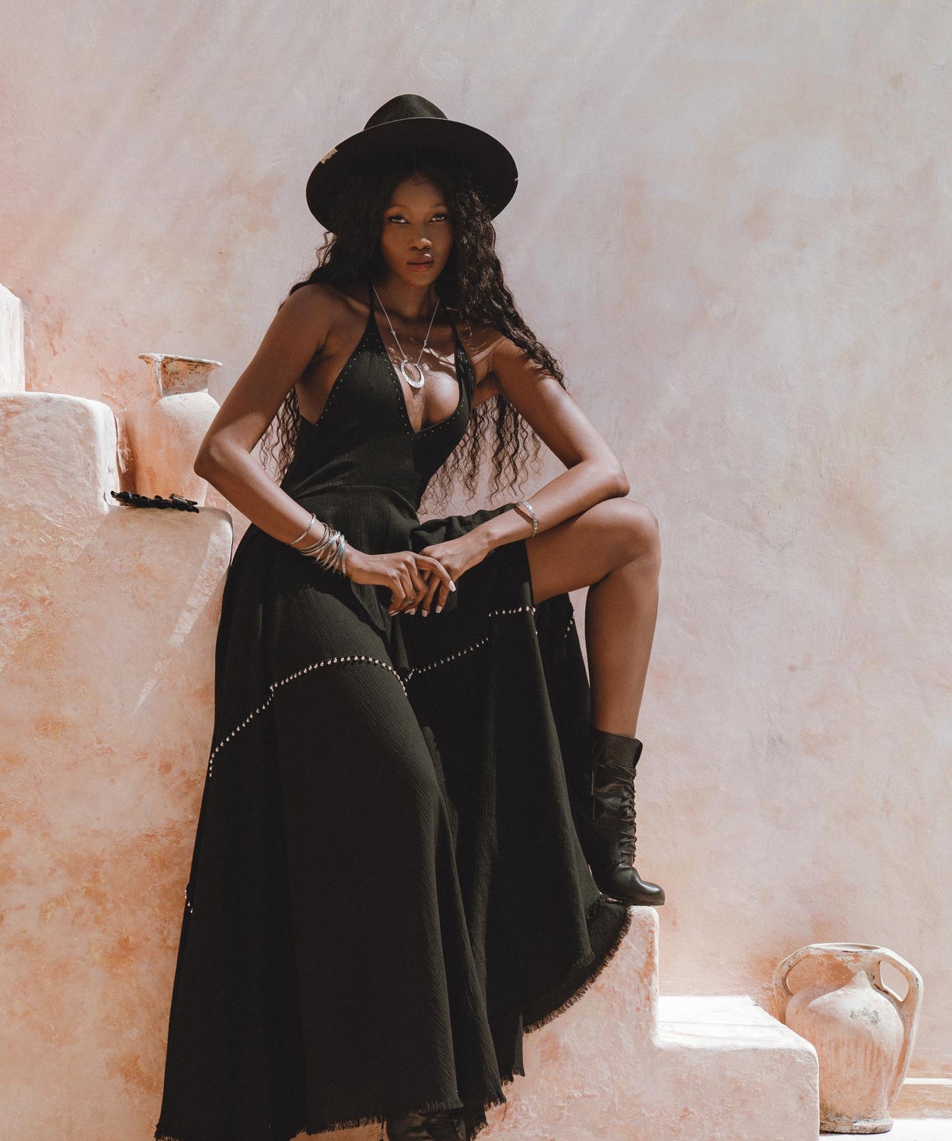 Greek Gothic Black Goddess Dress with Boho Touch - Hand-Embroidered Bust, Bells Throughout, Designed for Elegance and Grace