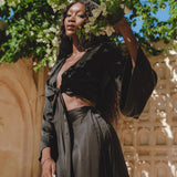 Soft Organic Peace Silk Black Maxi Skirt: Ideal for Beach - Elegant and Minimalist Boho Design.