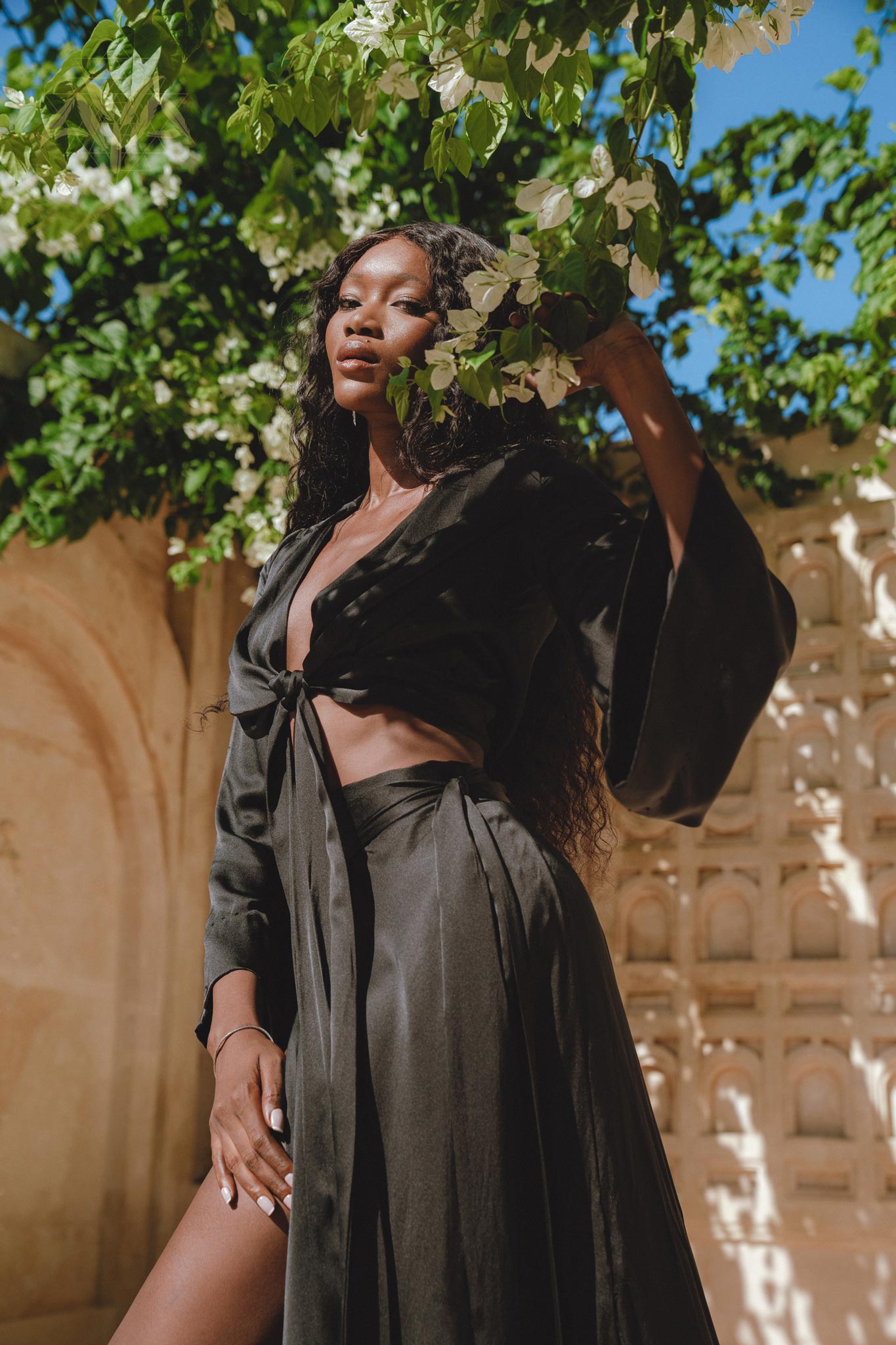 Soft Organic Peace Silk Black Maxi Skirt: Ideal for Beach - Elegant and Minimalist Boho Design.