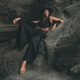 Stunning Black Open Shoulder Set for Women - Trendy Boho Crop Top and Pants for a chic and stylish look!