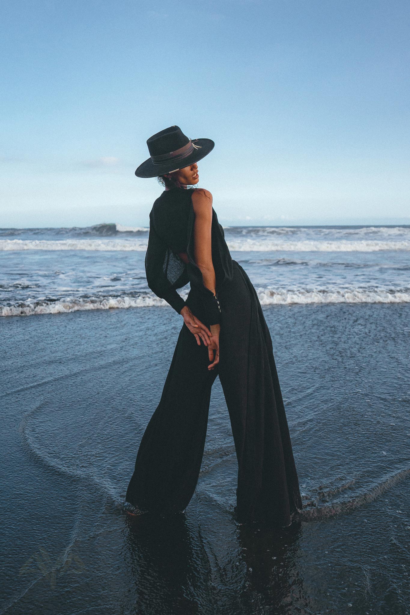 Organic Boho Top & Trousers Set - Black Bohemian style with open shoulders, perfect for eco-conscious women.