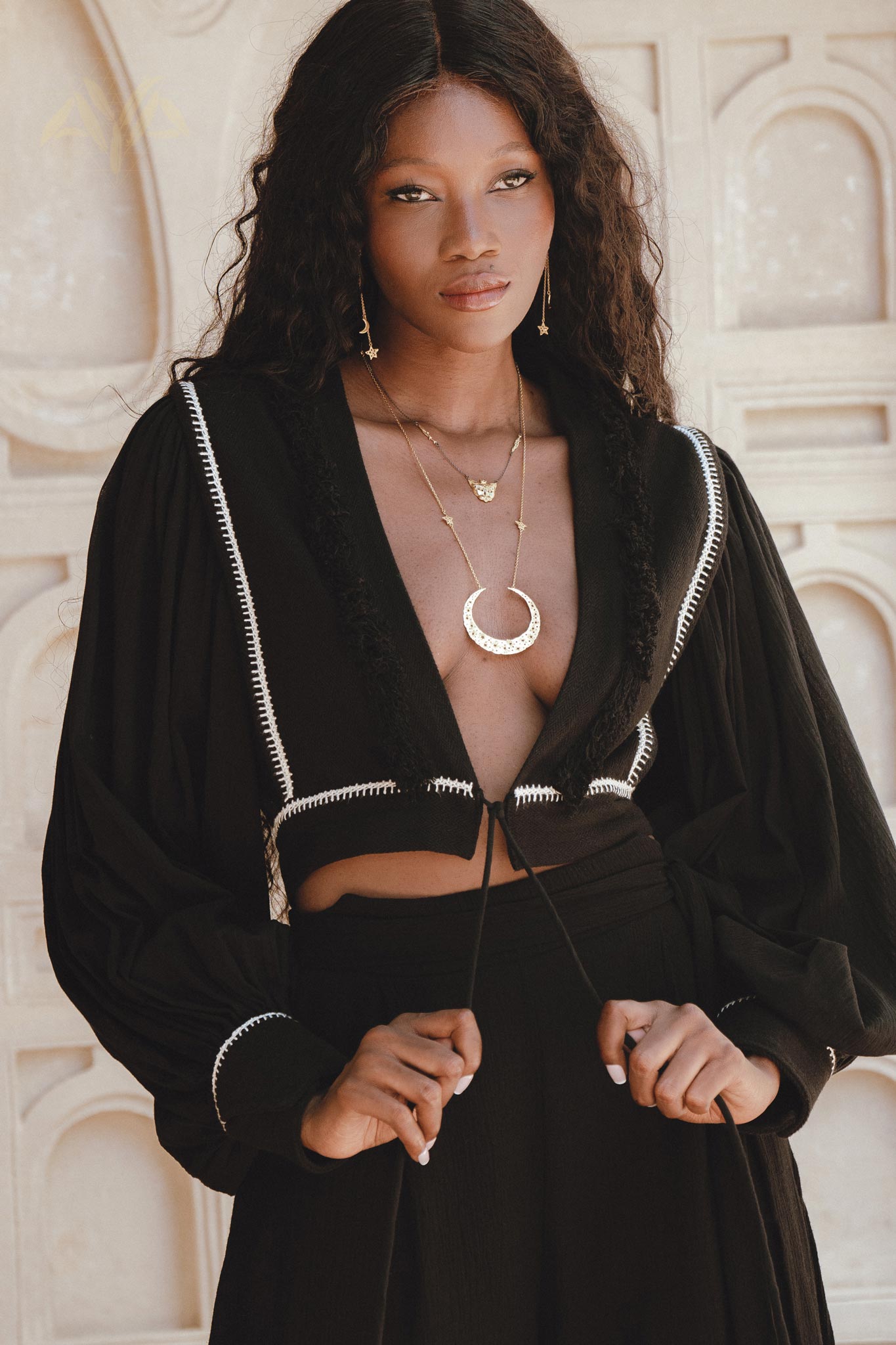 Elegant Black Puff Sleeves Top with Boho Tassels and Hand Embroidery - Organic Kimono Jacket for Women, crafted with love and intention.