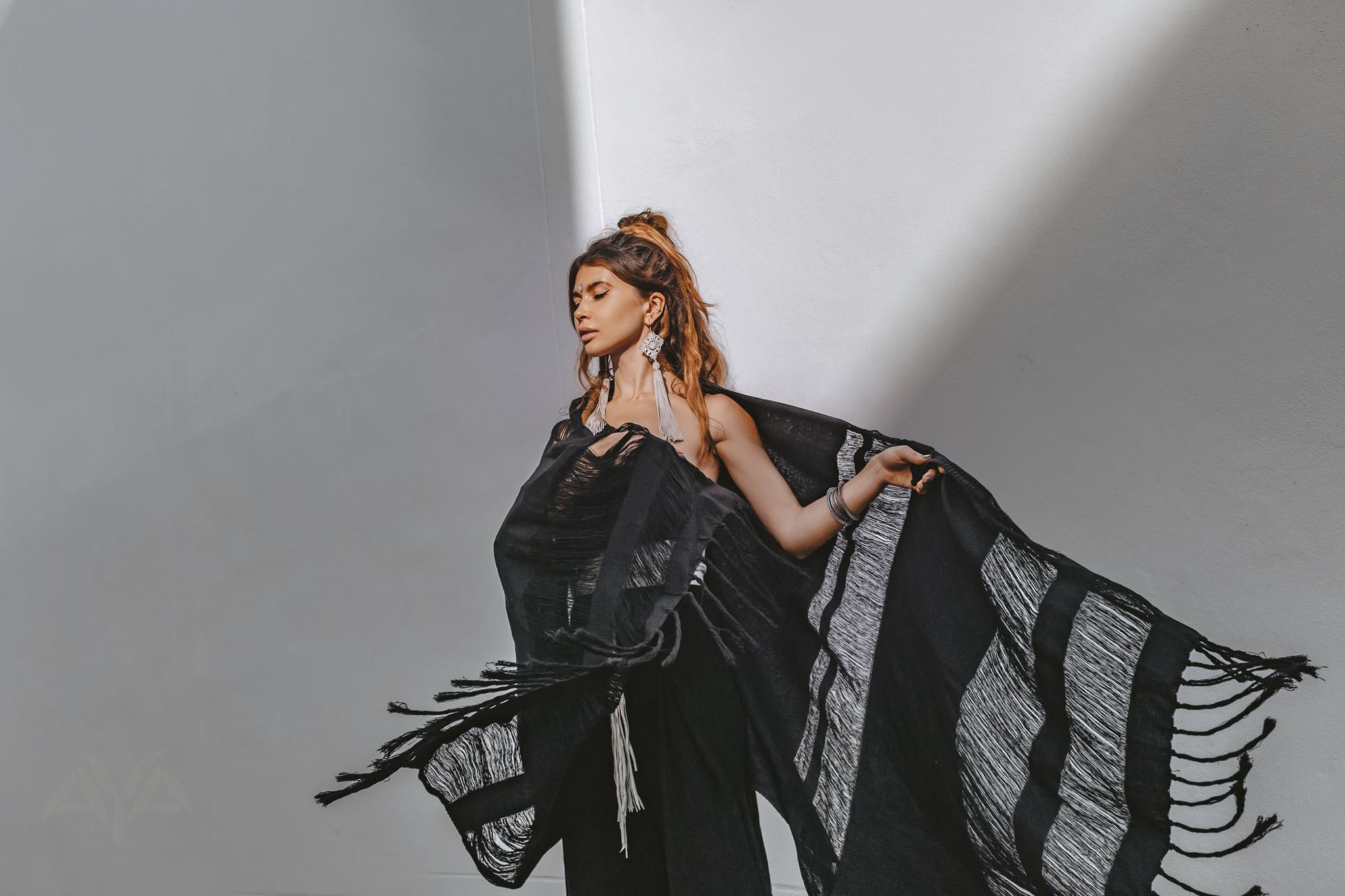 Black Boho Fringe Shawl, Cotton Scarf, Organic Sustainable Shawl - AYA Sacred Wear