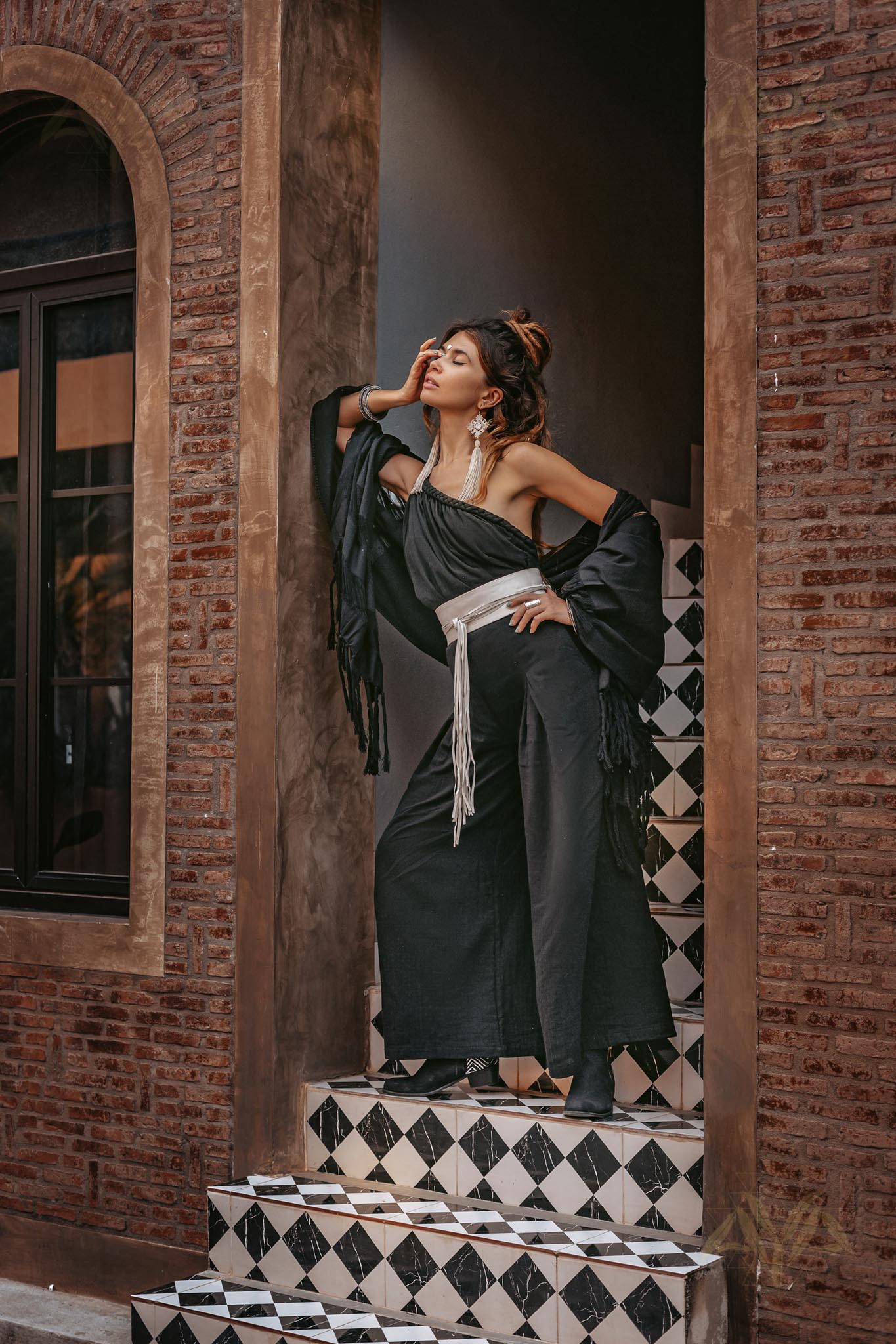 Black Boho Fringe Shawl, Cotton Scarf, Organic Sustainable Shawl - AYA Sacred Wear