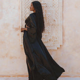 Sexy Goddess Top in Black Silk - Kimono Blouse with Bell Sleeves, Adjustable Bohemian Wrap Cover Up for Women.