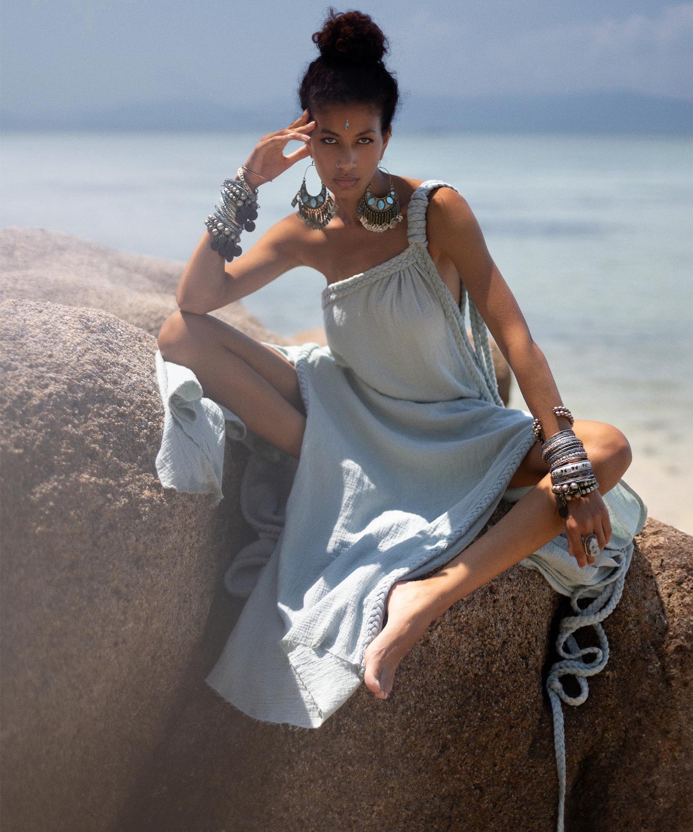 Blue Aurora Greek Goddess Dress • Macrame Toga Dress • One shoulder Maxi Dress - AYA SW IDR