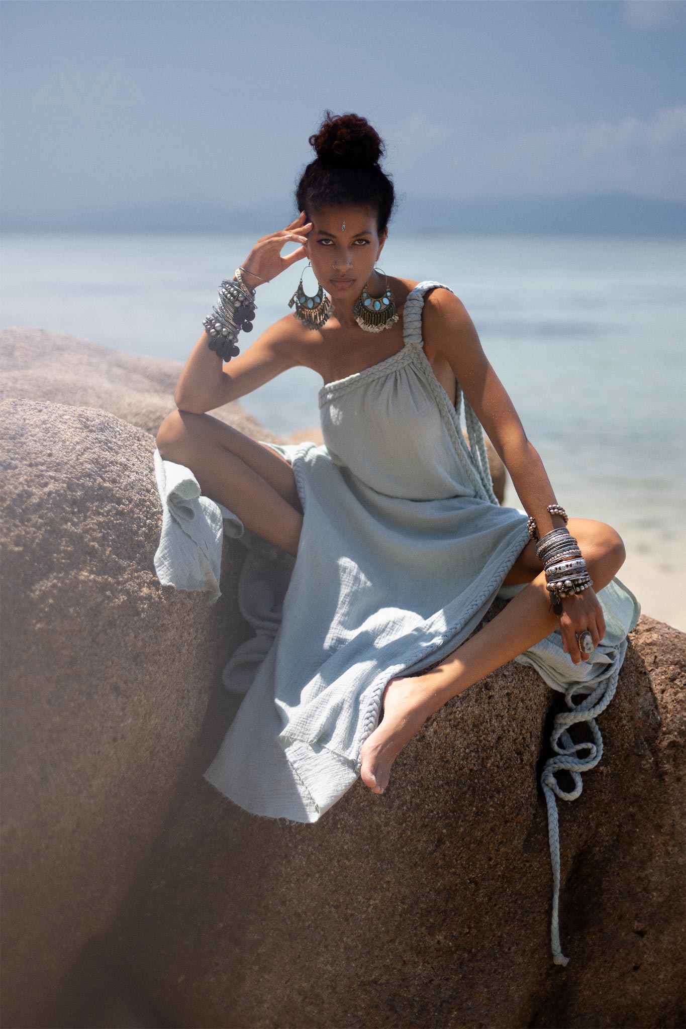 Blue Aurora Greek Goddess Dress • Macrame Toga Dress • One shoulder Maxi Dress - AYA SW IDR