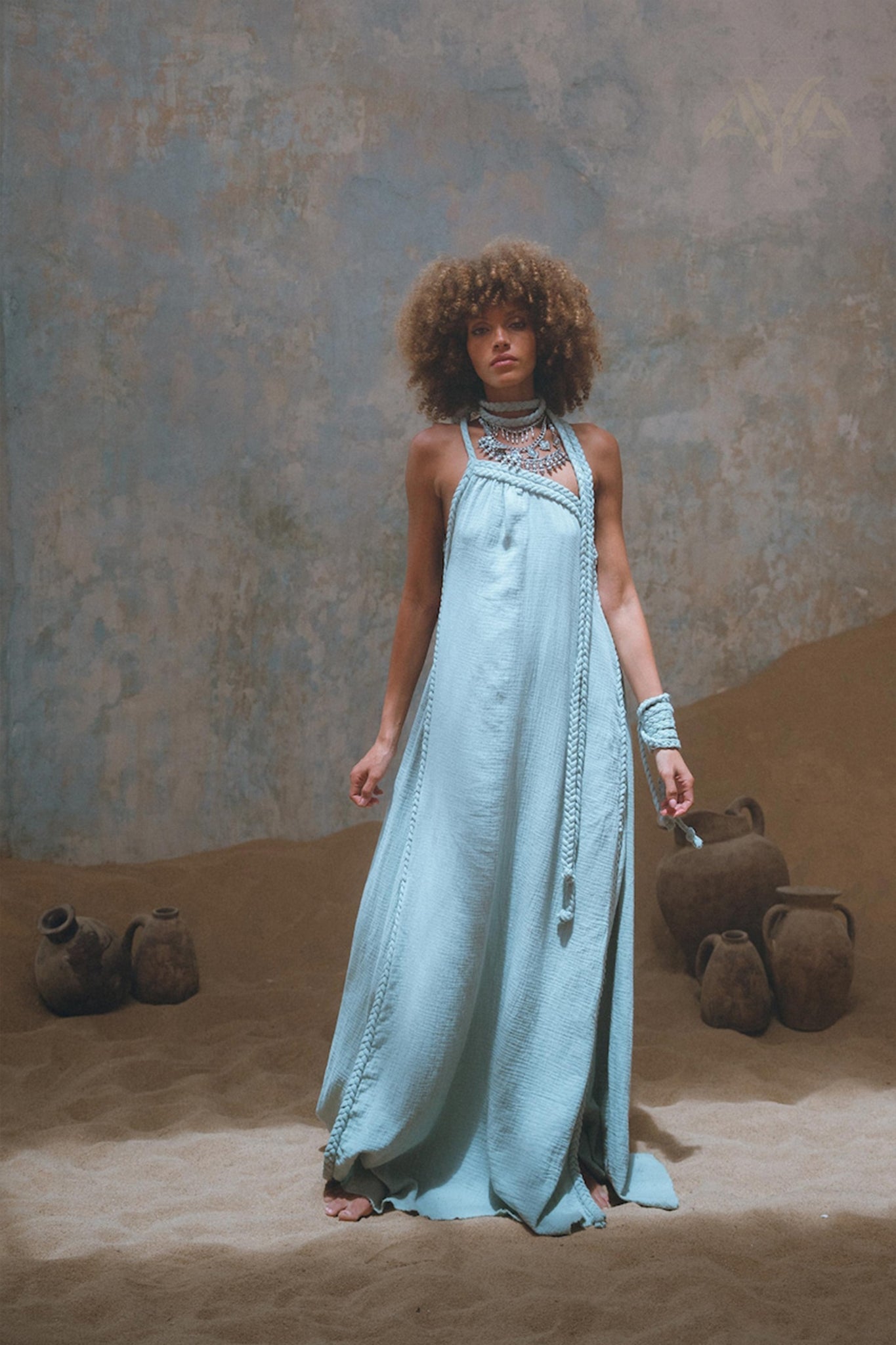 Blue Aurora Greek Goddess Dress • Macrame Toga Dress • One shoulder Maxi Dress - AYA SW IDR