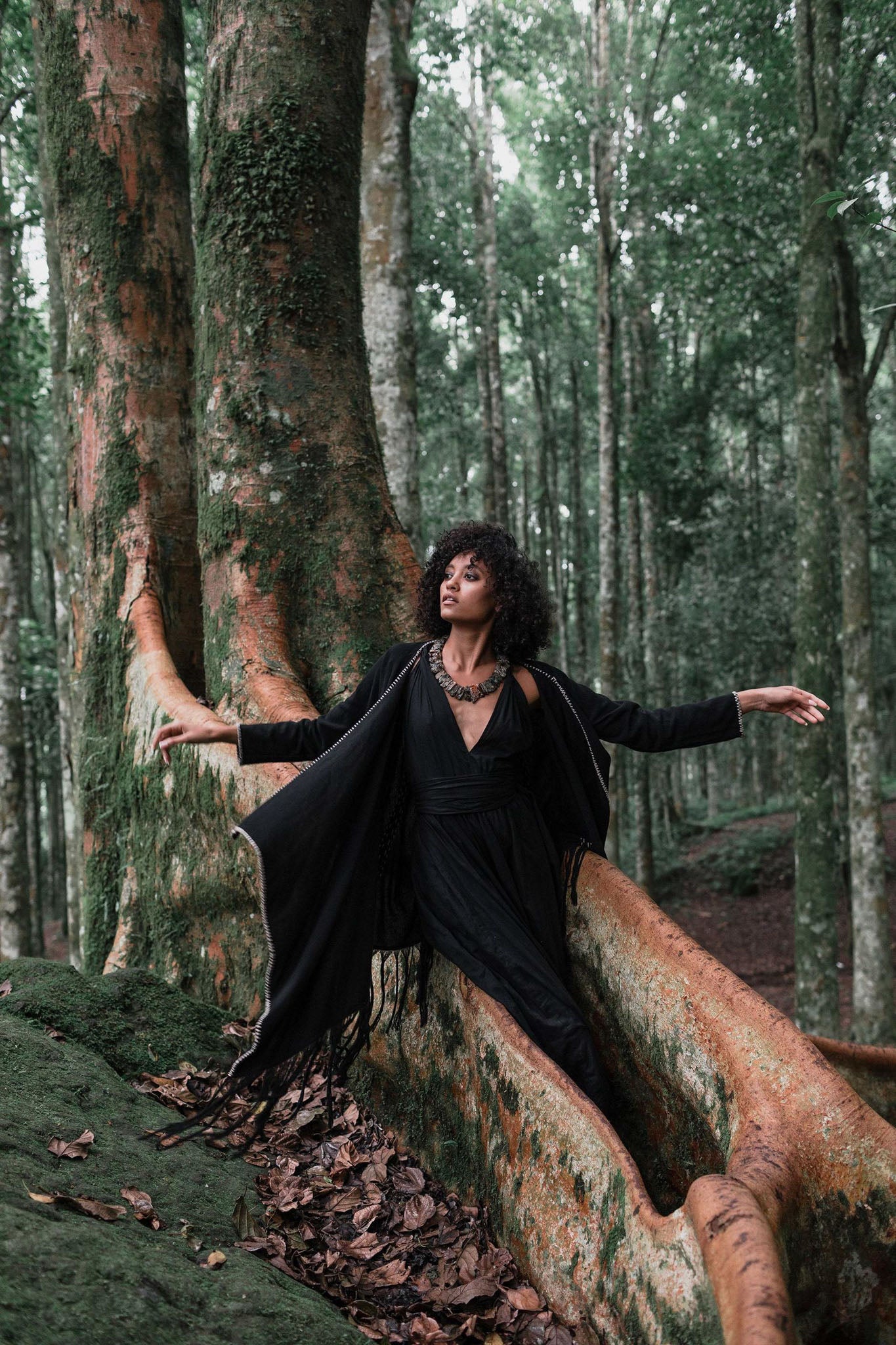 Bohemian Black Cardigan • Black Long Cotton Kimono Robe With Hand Embroidery - AYA SW IDR