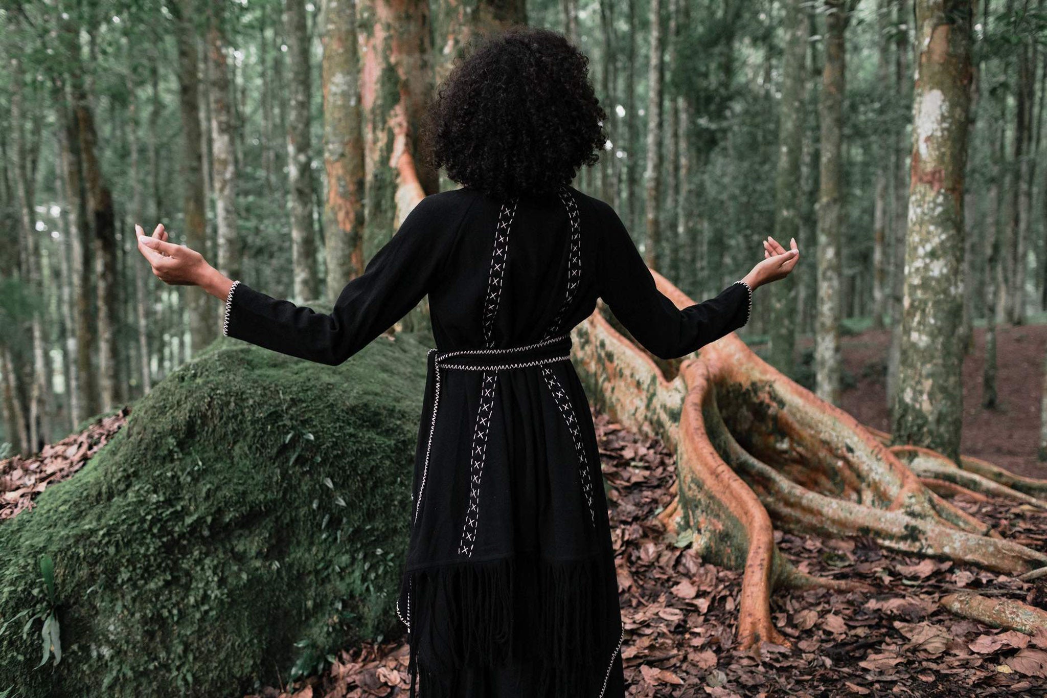 Bohemian Black Cardigan • Black Long Cotton Kimono Robe With Hand Embroidery - AYA SW IDR