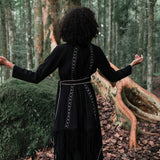 Bohemian Black Cardigan • Black Long Cotton Kimono Robe With Hand Embroidery - AYA SW IDR