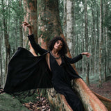 Bohemian Black Cardigan • Black Long Cotton Kimono Robe With Hand Embroidery - AYA SW IDR