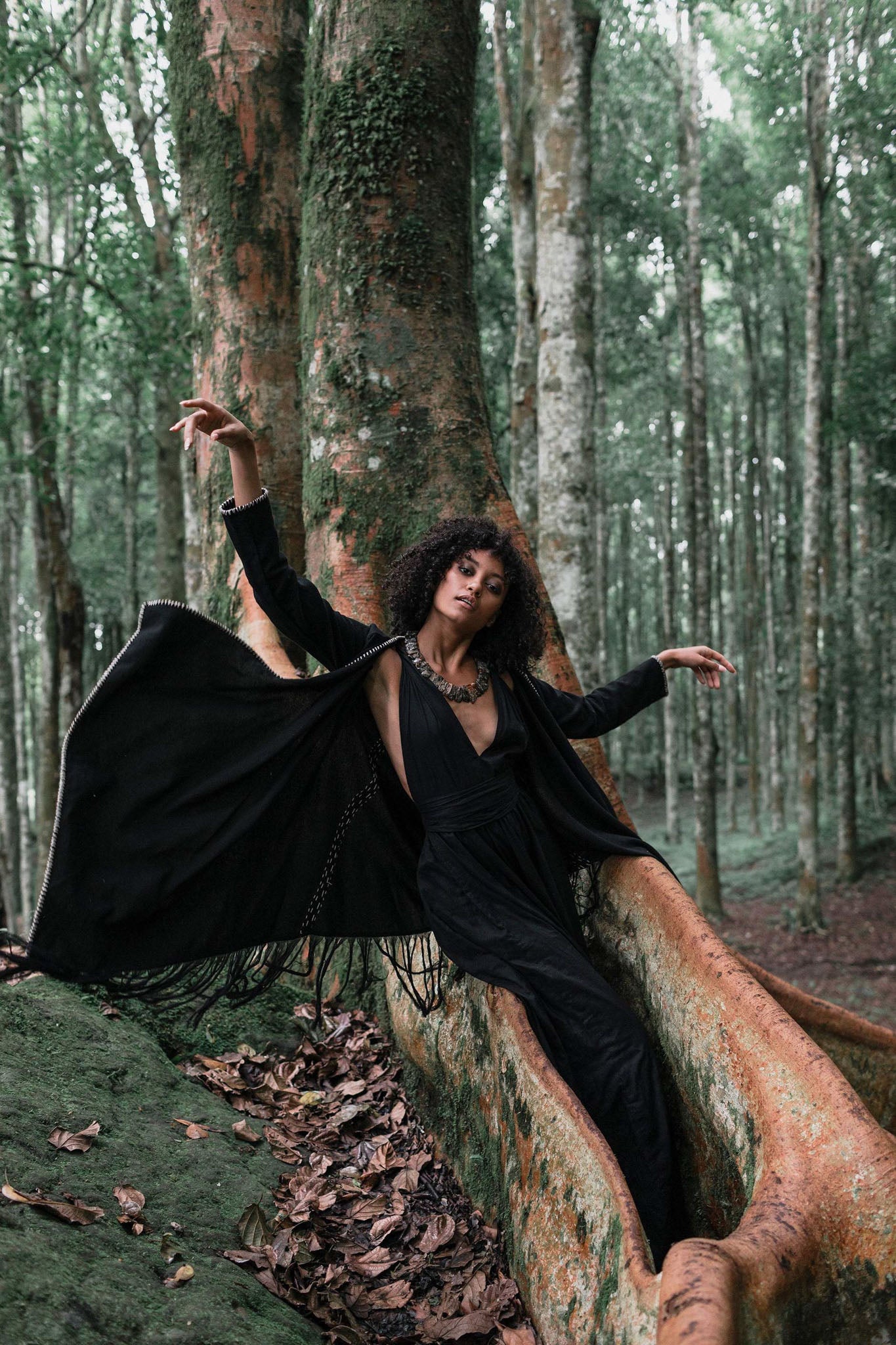 Bohemian Black Cardigan • Black Long Cotton Kimono Robe With Hand Embroidery - AYA SW IDR