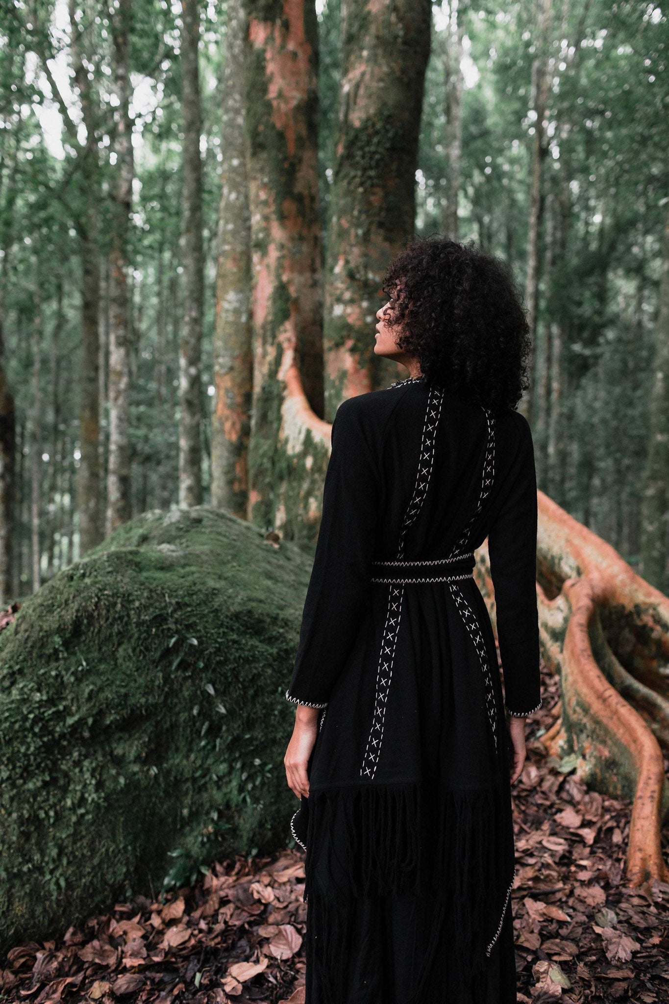 Bohemian Black Cardigan • Black Long Cotton Kimono Robe With Hand Embroidery - AYA SW IDR