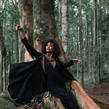 Bohemian Black Cardigan • Black Long Cotton Kimono Robe With Hand Embroidery - AYA SW IDR