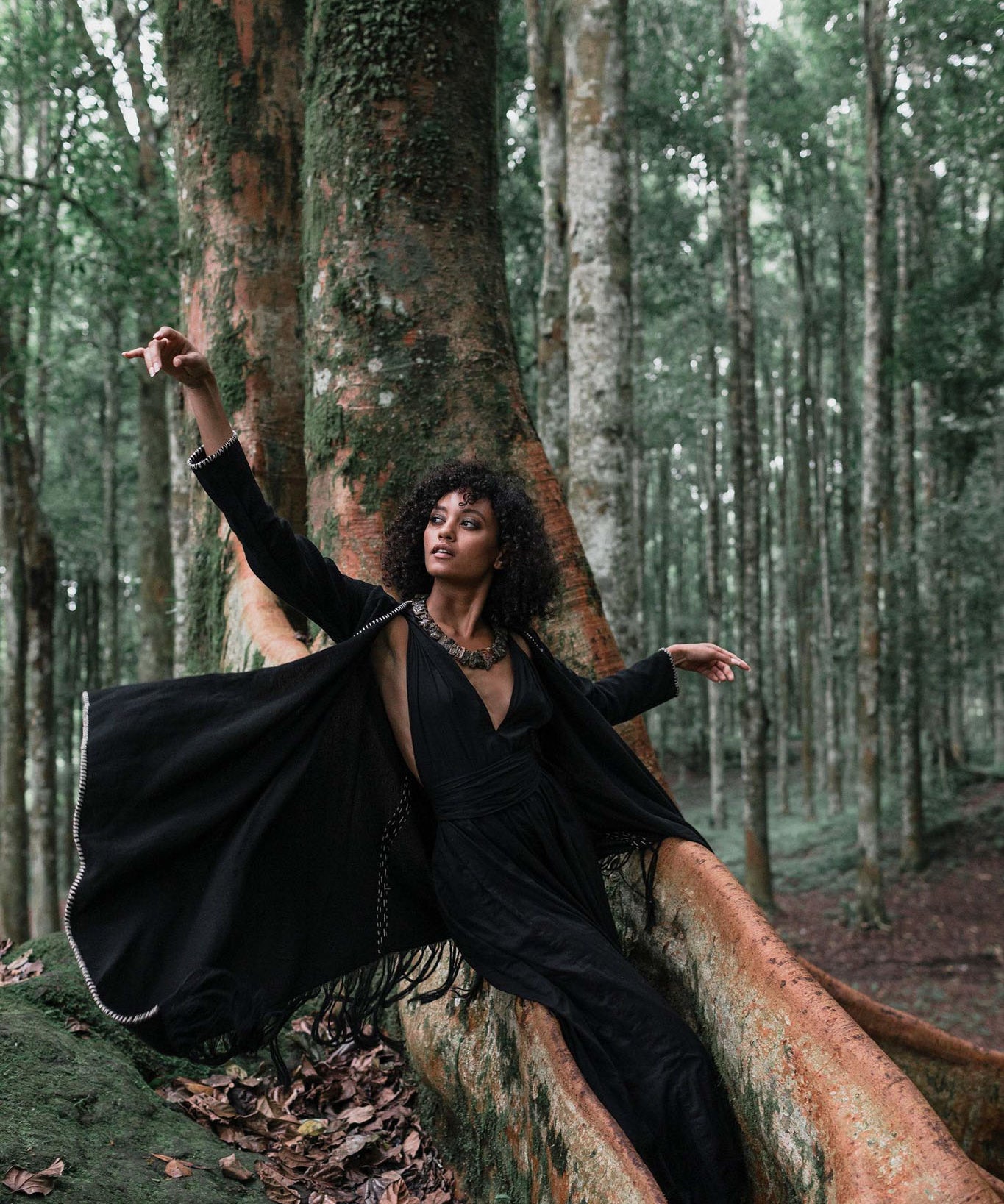 Bohemian Black Cardigan • Black Long Cotton Kimono Robe With Hand Embroidery - AYA SW IDR