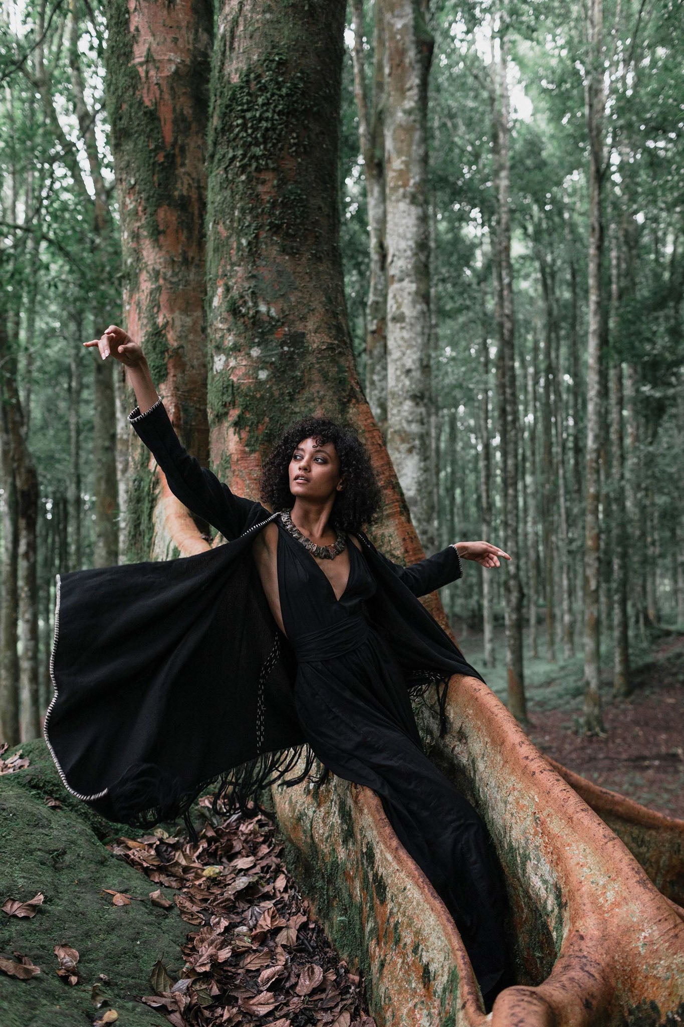 Bohemian Black Cardigan • Black Long Cotton Kimono Robe With Hand Embroidery - AYA SW IDR