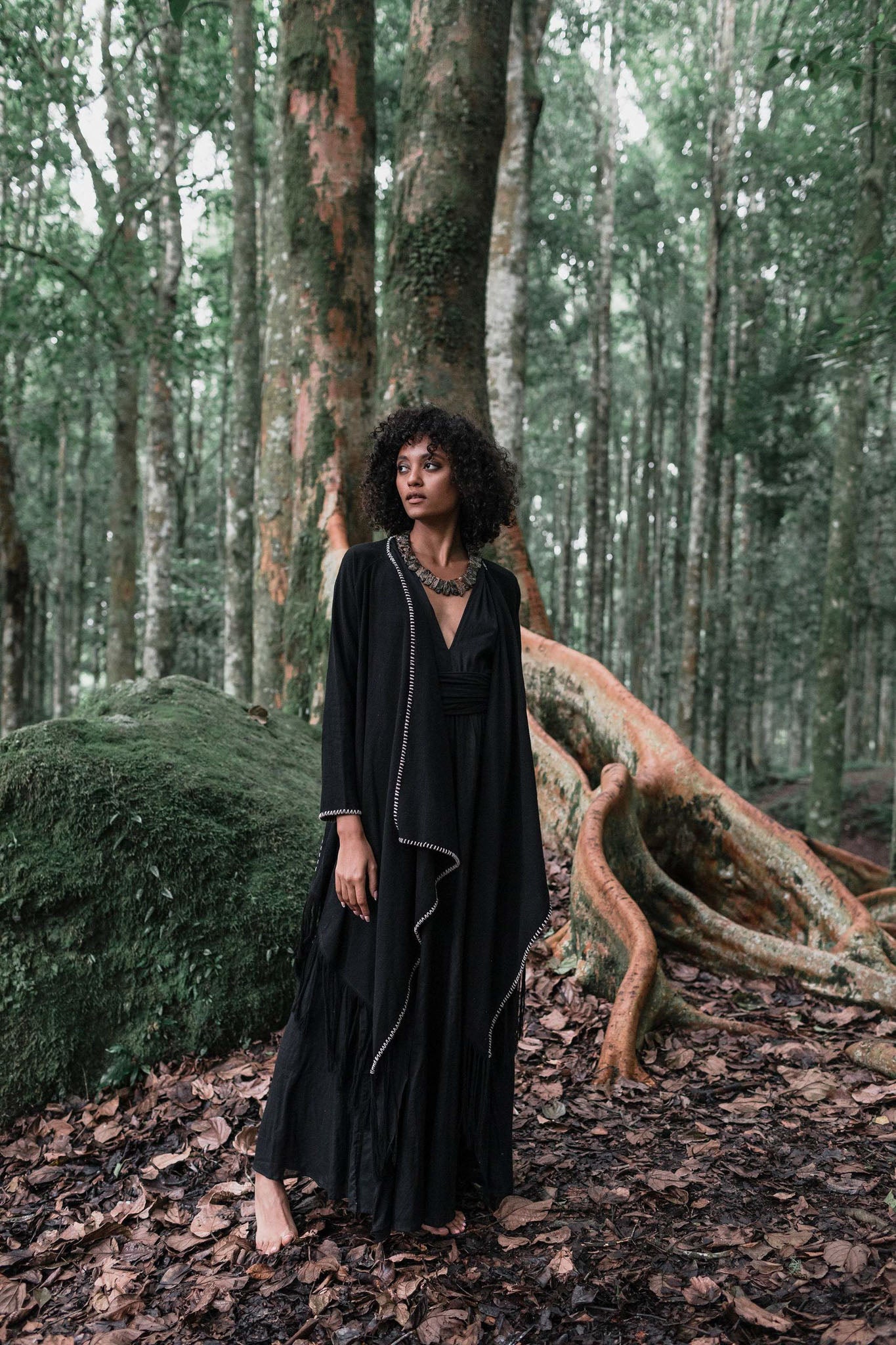 Bohemian Black Cardigan • Black Long Cotton Kimono Robe With Hand Embroidery - AYA SW IDR