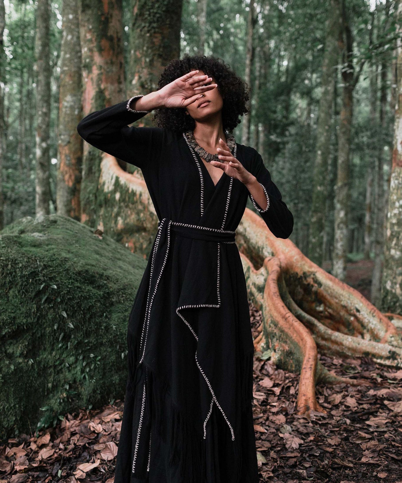 Bohemian Black Cardigan • Black Long Cotton Kimono Robe With Hand Embroidery - AYA SW IDR