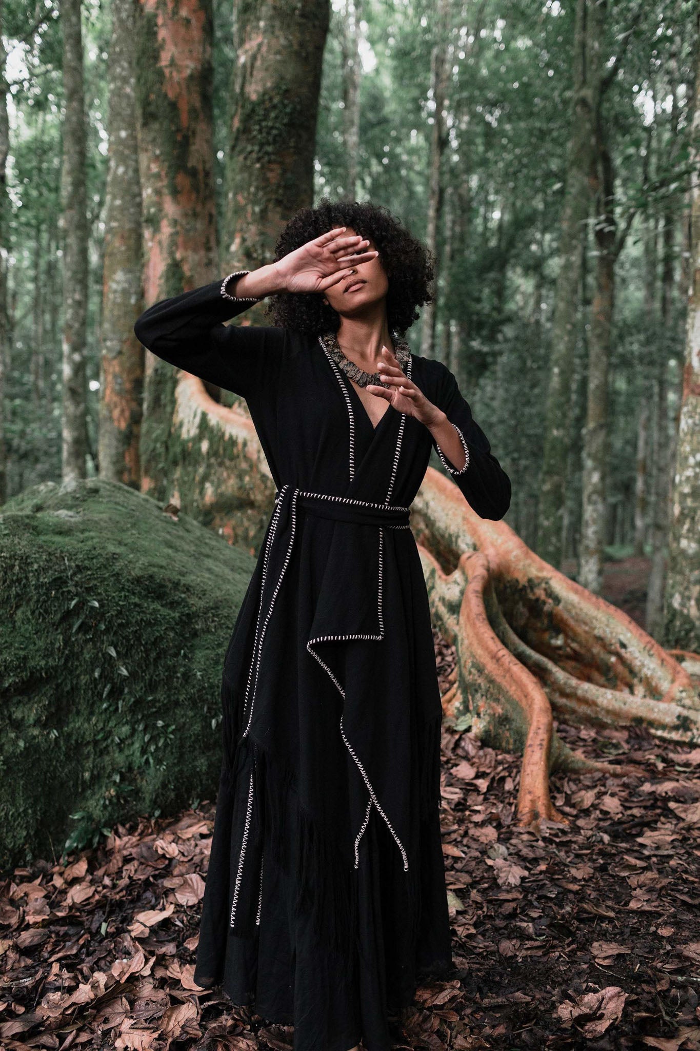 Bohemian Black Cardigan • Black Long Cotton Kimono Robe With Hand Embroidery - AYA SW IDR
