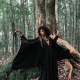 Bohemian Black Cardigan • Black Long Cotton Kimono Robe With Hand Embroidery - AYA SW IDR