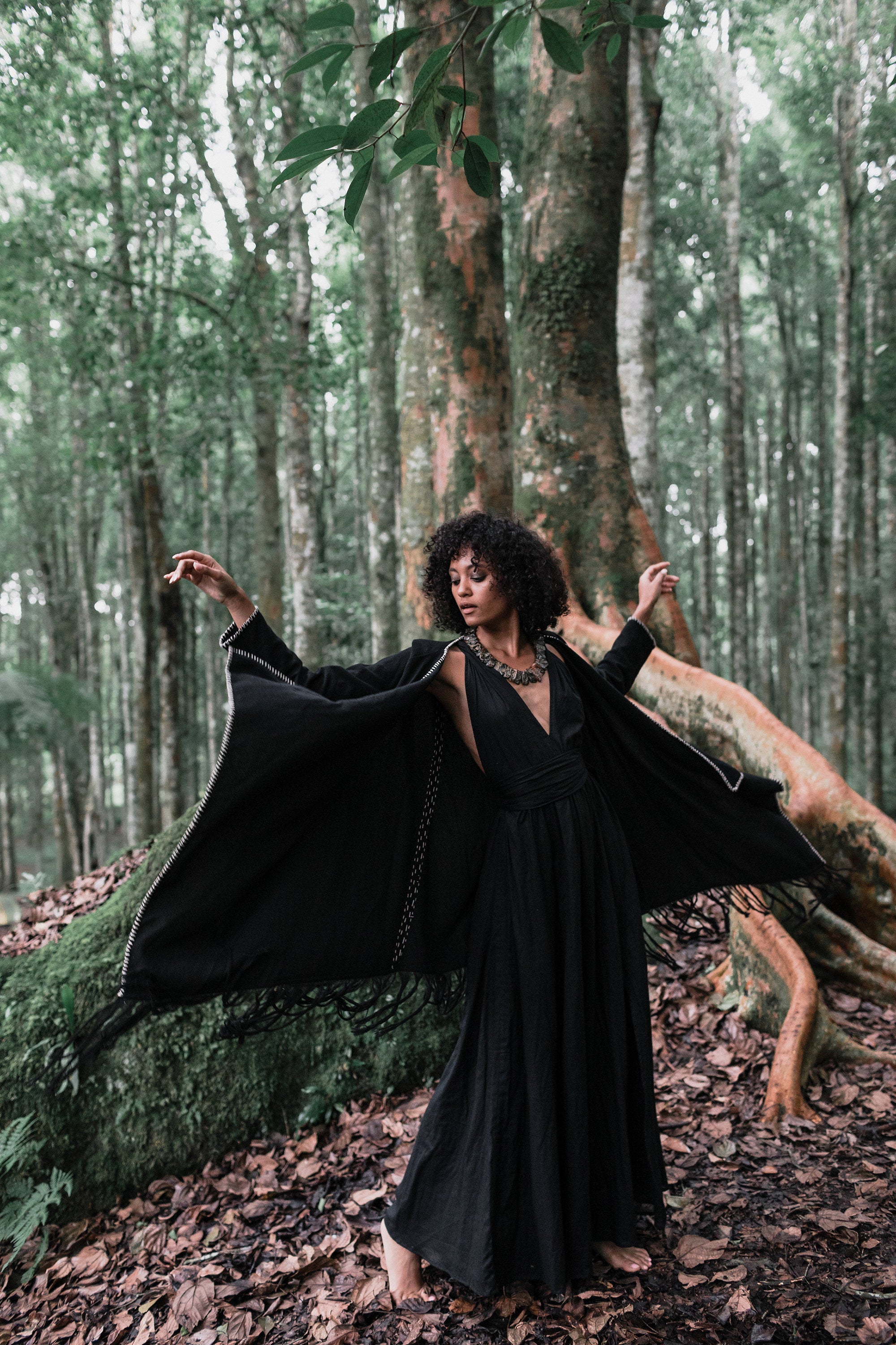 Bohemian Black Cardigan • Black Long Cotton Kimono Robe With Hand Embroidery - AYA SW IDR