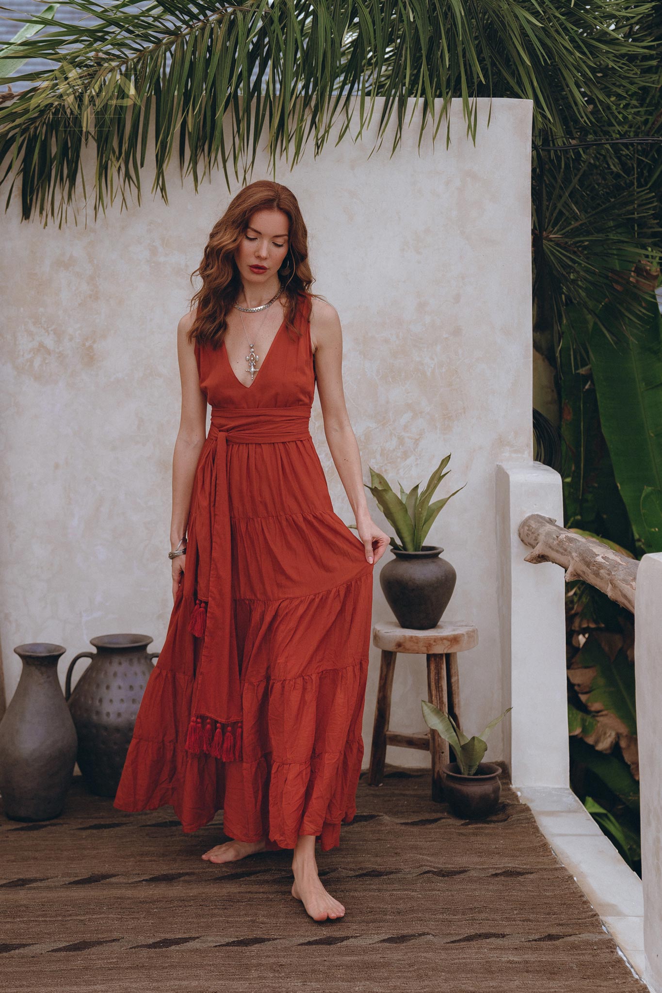Boho Bridesmaid Dress • Boho Belted Dress • Red Maxi Adjustable Dress - AYA SW IDR