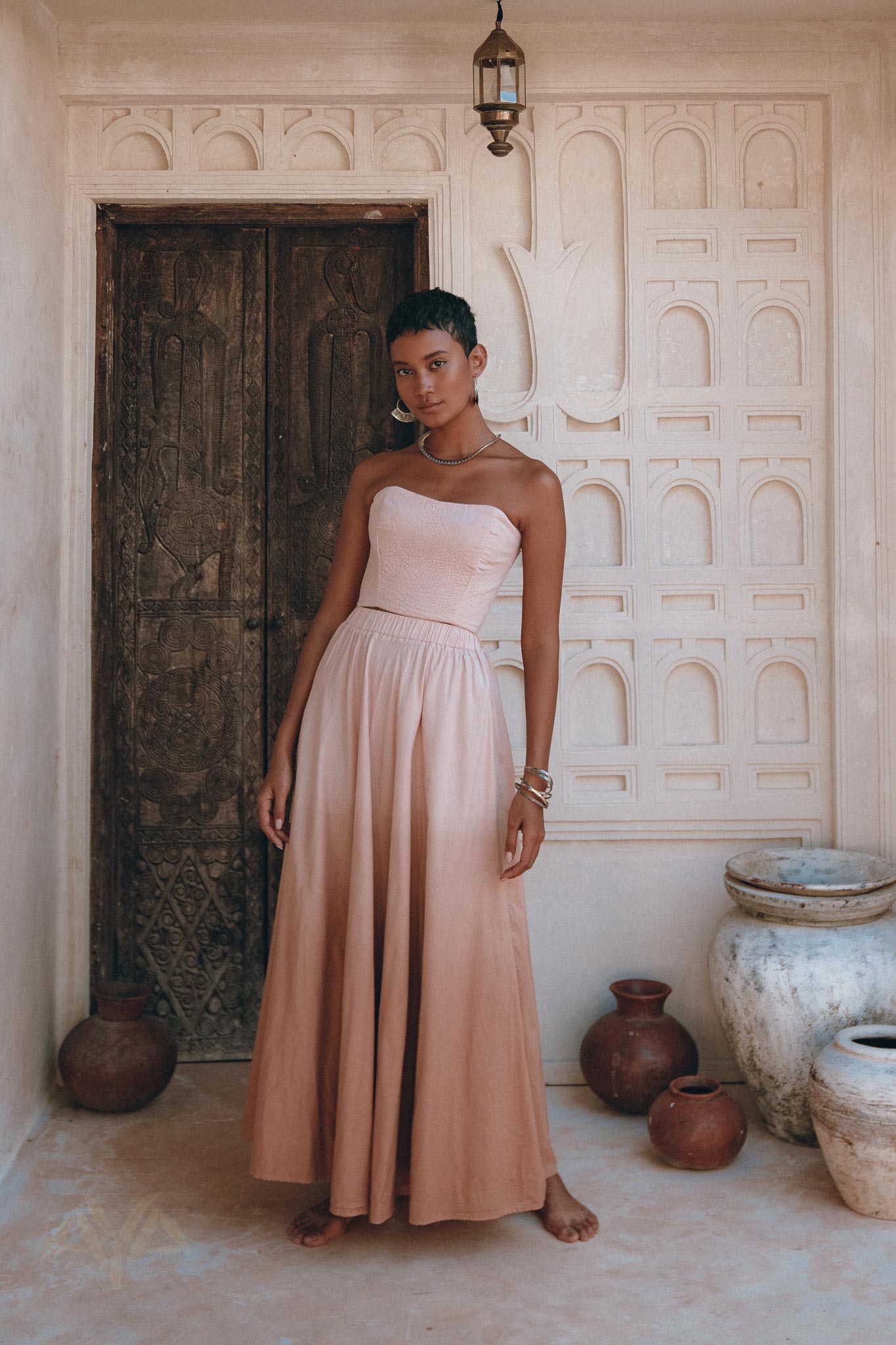 Boho Corset and Skirt for Women • Baby Pink Bustier Top and Maxi Skirt - AYA SW IDR