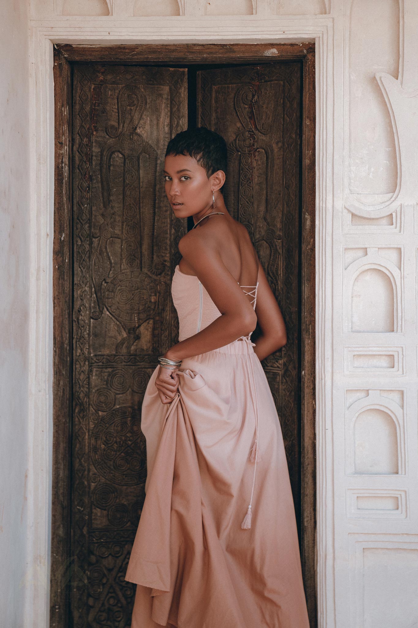 Boho Corset and Skirt for Women • Baby Pink Bustier Top and Maxi Skirt - AYA SW IDR