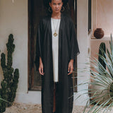 Boho Cover Up • Wide Sleeve Bohemian Cardigan • Black Linen Kimono Robe - AYA SW IDR