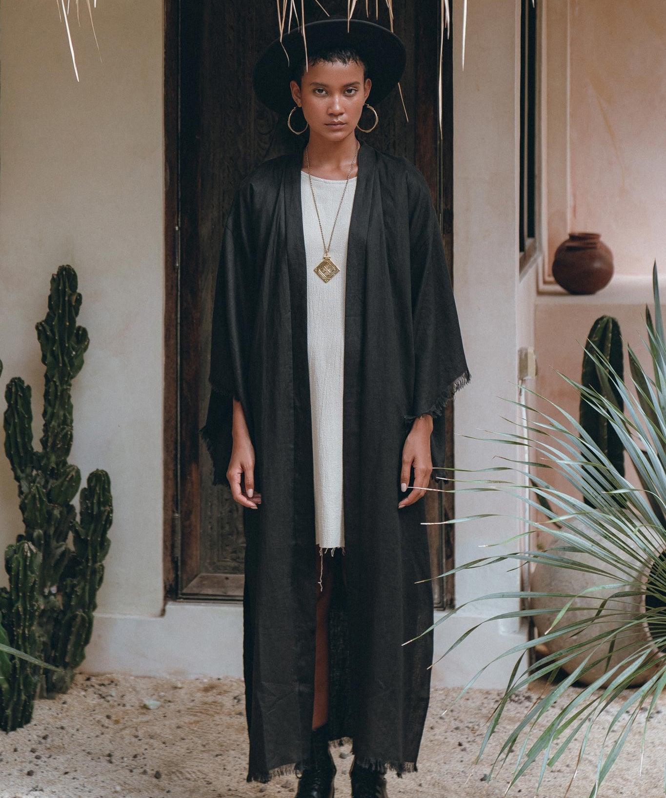 Boho Cover Up • Wide Sleeve Bohemian Cardigan • Black Linen Kimono Robe - AYA SW IDR