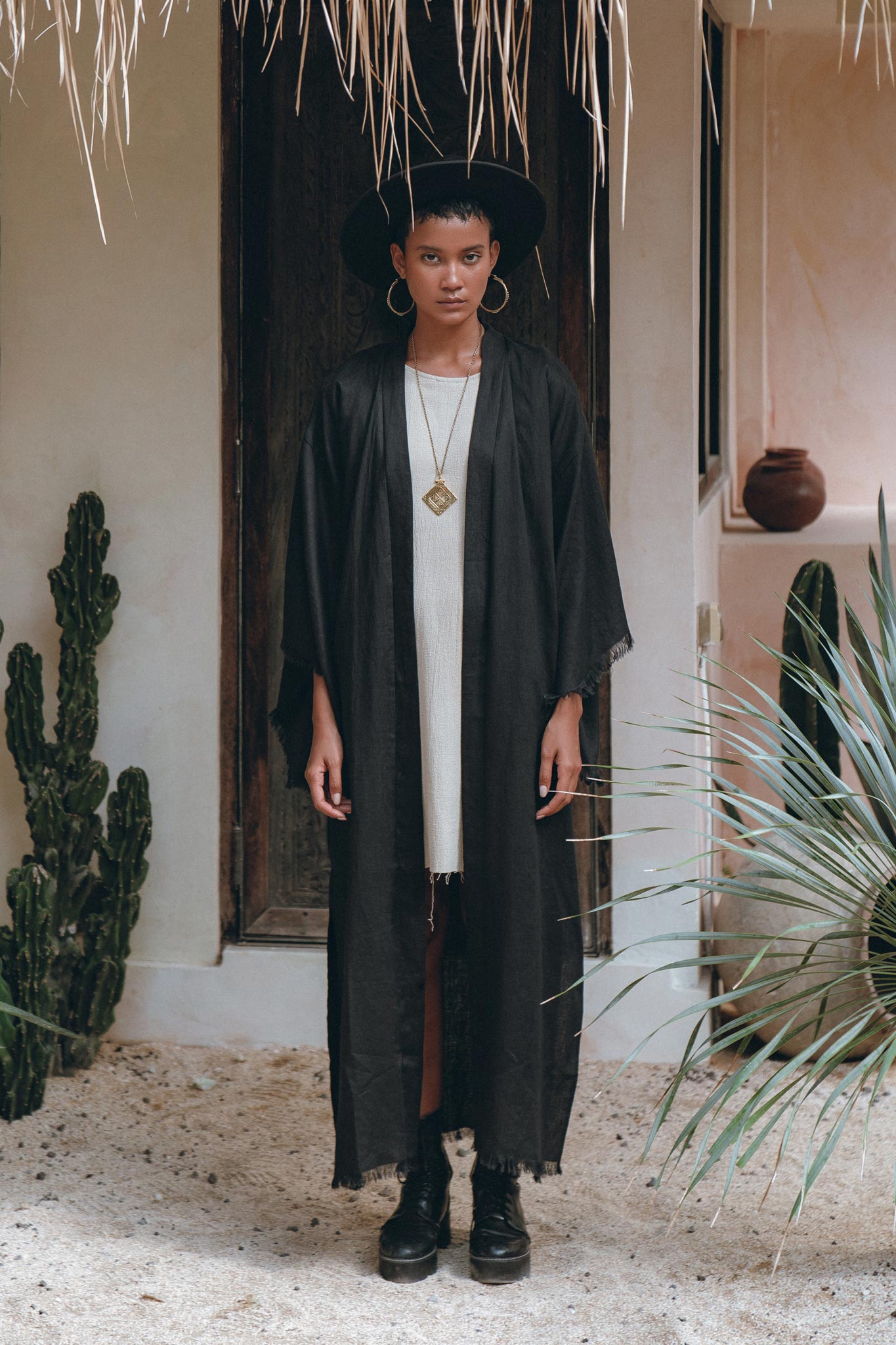 Boho Cover Up • Wide Sleeve Bohemian Cardigan • Black Linen Kimono Robe - AYA SW IDR