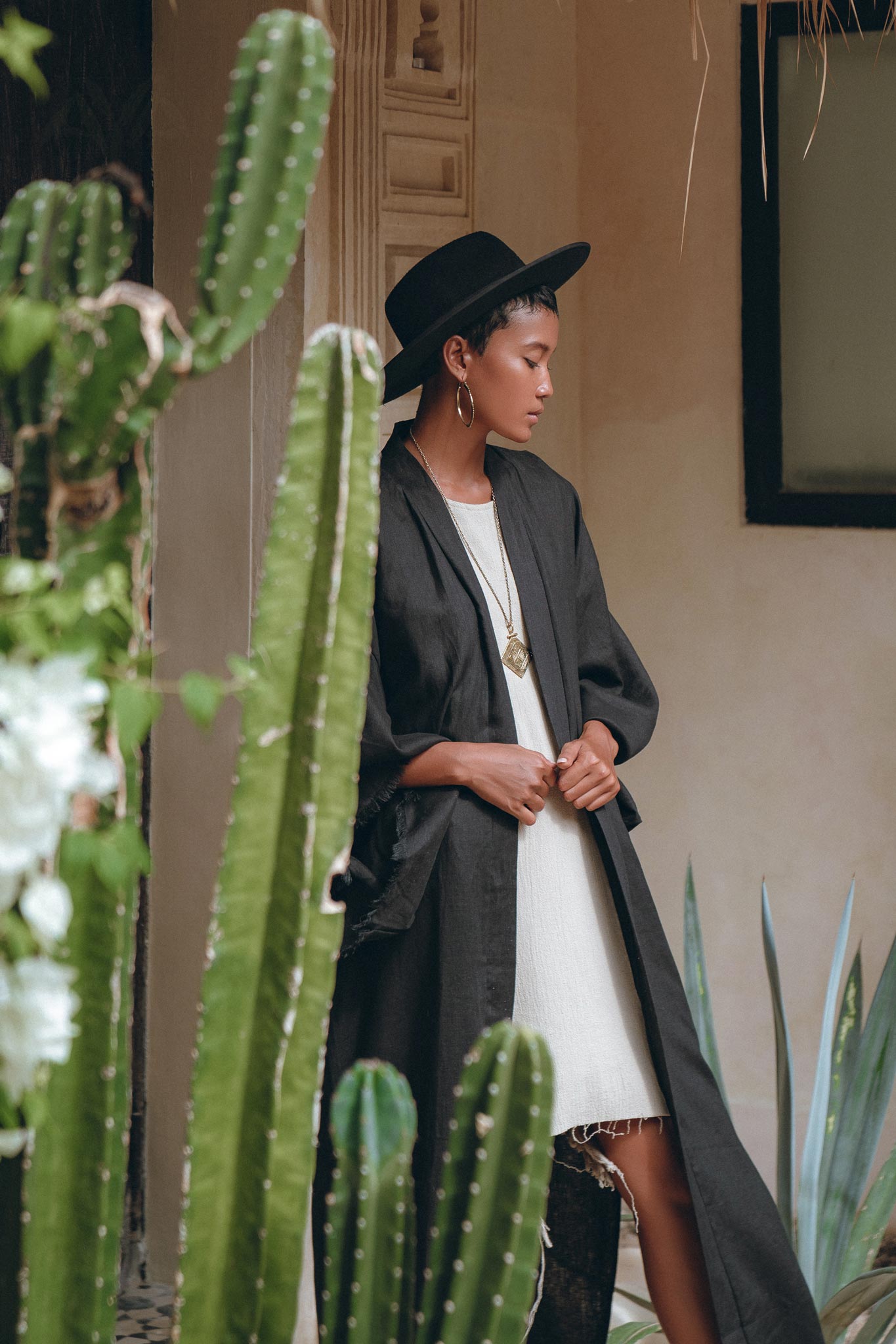 Boho Cover Up • Wide Sleeve Bohemian Cardigan • Black Linen Kimono Robe - AYA SW IDR